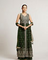 Bottle Green Floral Embroidered Anarkali Suit Set with Mirror Work